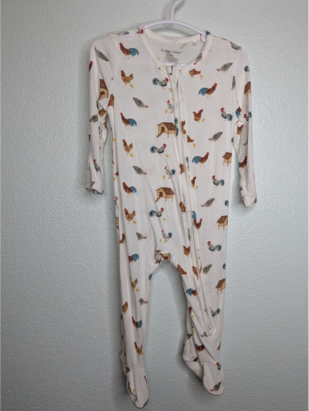 Angel Dear bamboo rooster, chicken, and chick print footed onesie Size 6-9M